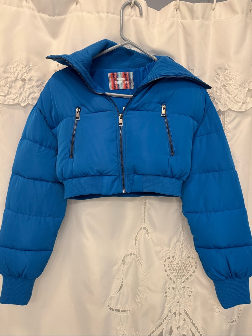 Urban Outfitters Bright Blue Quilted cropped Jacket with stand up collar